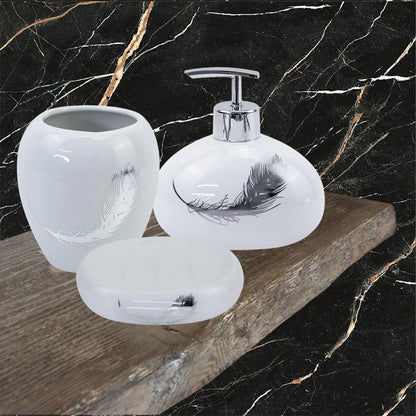 Accessori bagno dispenser sapone piattino porta sapone Bicchiere portaspazzolino scopino con piume argento