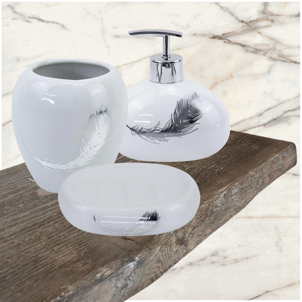 Accessori bagno dispenser sapone piattino porta sapone Bicchiere portaspazzolino scopino con piume argento