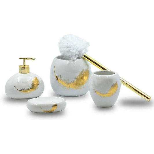 Accessori bagno dispenser sapone piattino porta sapone Bicchiere portaspazzolino scopino con piume oro