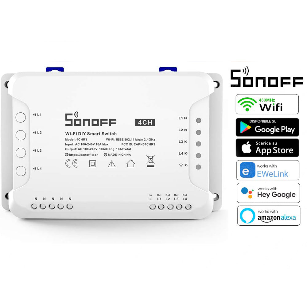 Interruttore smart intelligente SONOFF 4CH canali 4-gang wireless wifi  con app per tablet smartphone