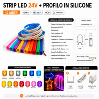 Striscia LED 24V 10M 100W profilo silicone flessibile luce uniforme