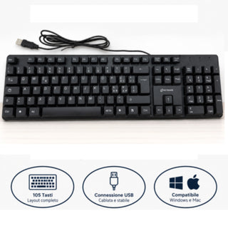 Tastiera nera cablata con cavo USB 105 tasti per computer laptop PC