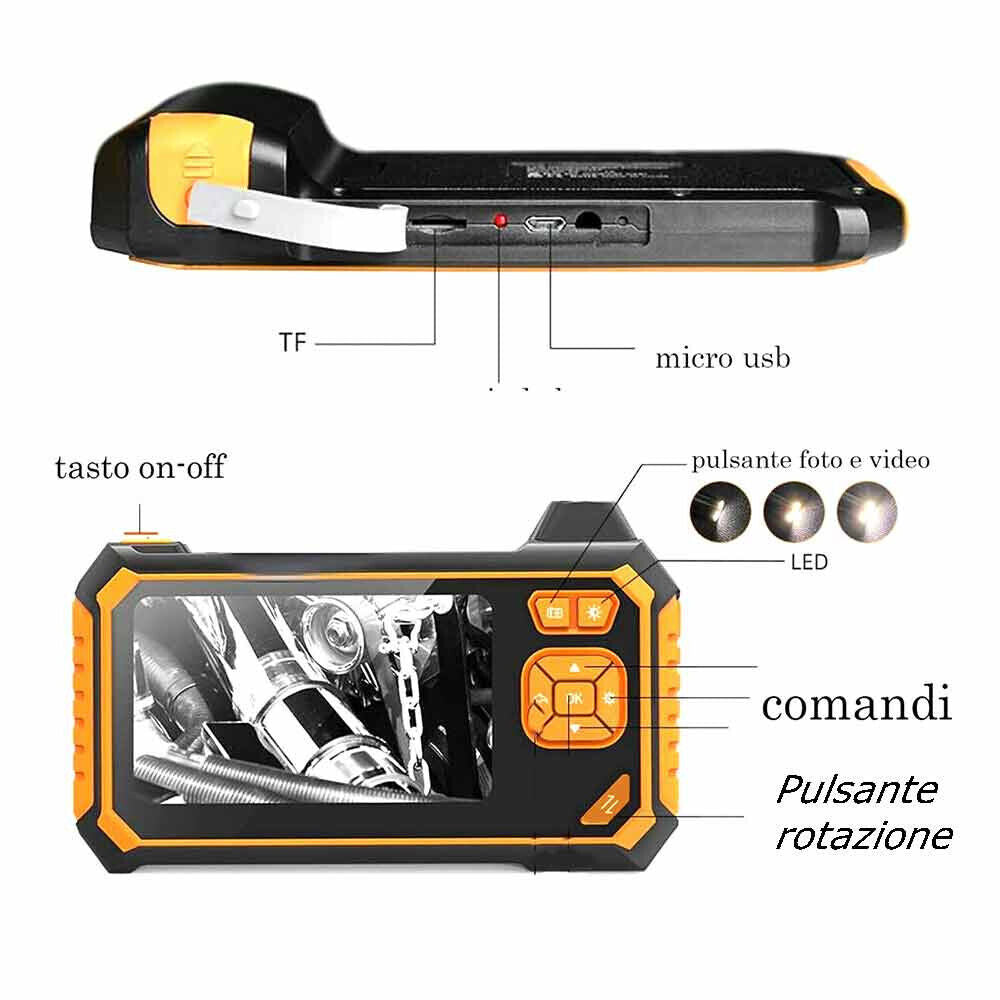 Telecamera endoscopica con sonda monitor 4,3” full hd 1080p 2 mpx 5 metri foto e video impermeabile IP67