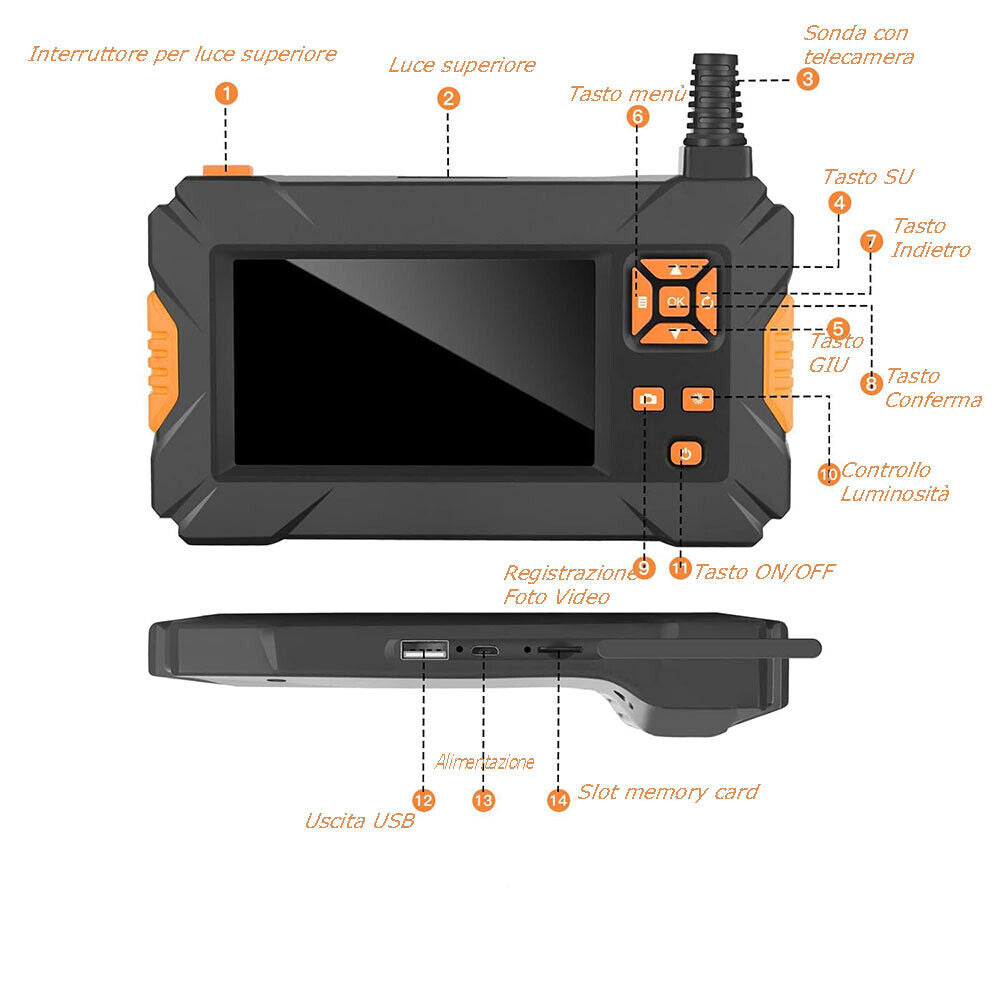 Telecamera endoscopica con sonda monitor 4,3” full hd 1080p 5 metri foto e video impermeabile IP67