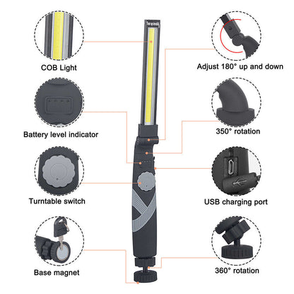 Torcia ricaricabile pieghevole a led cob lampada da lavoro con base calamitata magnetica luce dimmerabile di ispezione campeggio