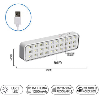 Lampada torcia emergenza ricaricabile USB 30 e 60 led dimmerabile