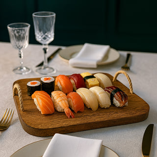 Vassoio quadrato in legno manici in canapa per aperitivo 33x33 cm