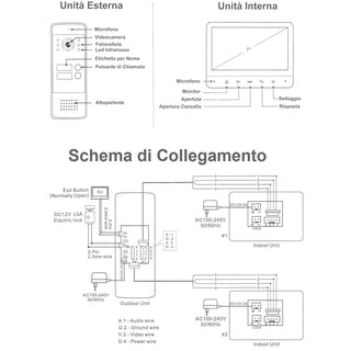 Videocitofono lcd 7" monofamiliare/bifamiliare 4 fili con infrarossi