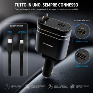 Adattatore accendisigaro 2 cavi retrattili 12/24V 25W porta USB-A USB-C