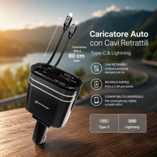 Adattatore accendisigaro 2 cavi retrattili 12/24V 25W porta USB-A USB-C