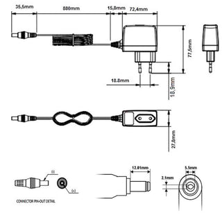 Alimentatore 12v 1A trasmormatore con spina eu e jack  12 watt