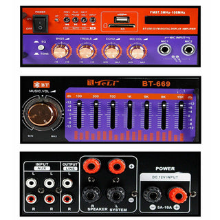 Amplificatore bluetooth audio 2 ingressi microfono FM con telecomando