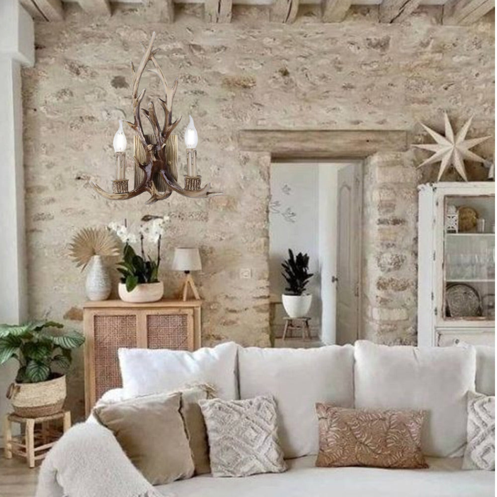 Applique country a corna di cervo vintage lampada da muro retro 2 portalampada e14 arredamento rustico