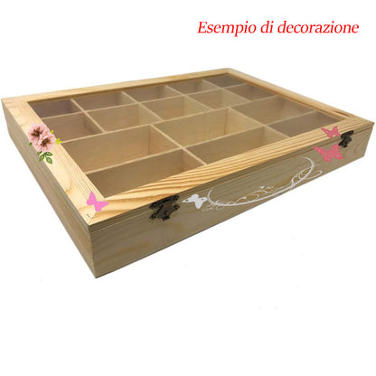 Bacheca in legno 16 posti con porta trasparente espositore vetrinetta per minuterie da collezione porta gioielli per decoupage