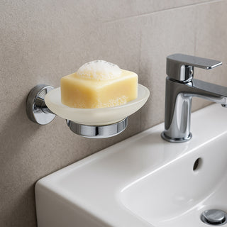 Set di 6 accessori da bagno moderno in acciaio cromato e vetro satinato