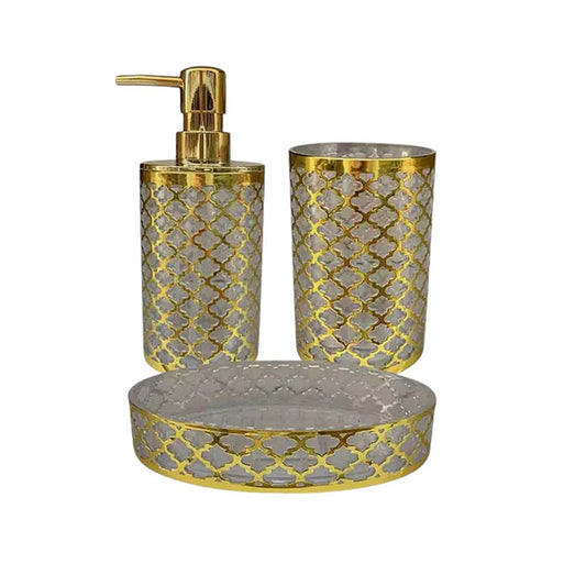 Set Accessori Bagno 3 Pezzi oro stile barocco con Dispenser Sapone Bicchiere portaspazzolino piattino portasapone