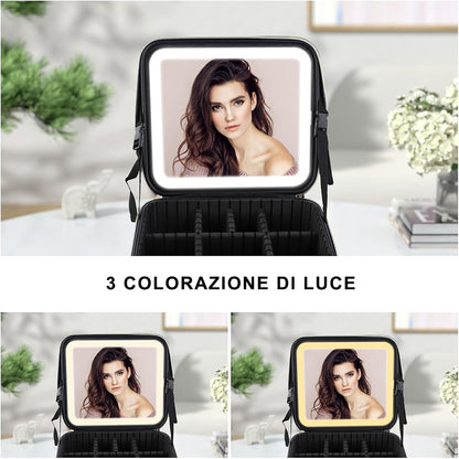 Beauty case con specchio a led dimmerabile a tre colorazione di luce borsa per trucco cosmetici porta pennelli