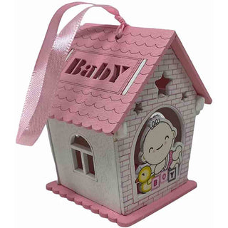Set 12 bomboniere battesimo casetta legno con oca rosa e celeste