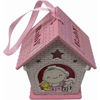 Set 12 bomboniere battesimo casetta legno con oca rosa e celeste