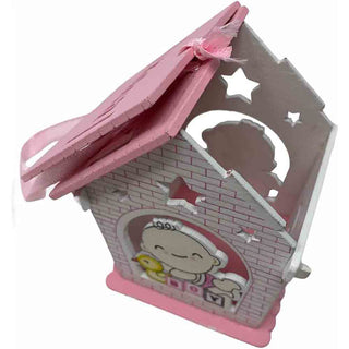 Set 12 bomboniere battesimo casetta legno con oca rosa e celeste