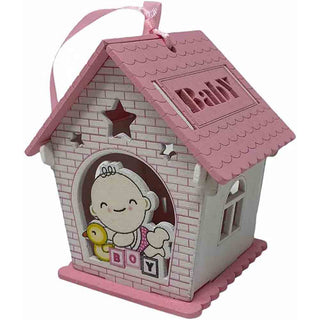 Set 12 bomboniere battesimo casetta legno con oca rosa e celeste