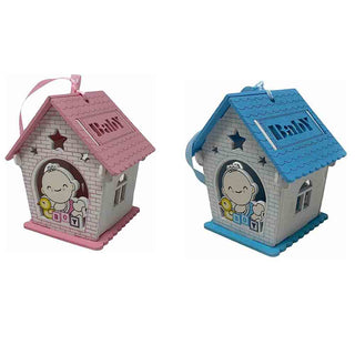 Set 12 bomboniere battesimo casetta legno con oca rosa e celeste