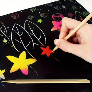 50 Fogli neri da grattare multicolor A4 con 2 bastoncini legno bambini