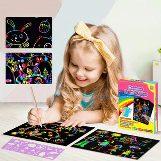 50 Fogli neri da grattare multicolor A4 con 2 bastoncini legno bambini