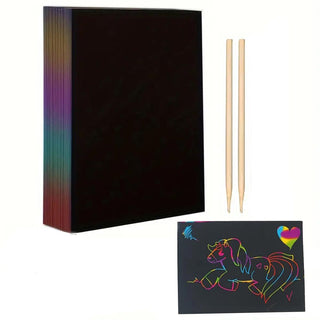 50 Fogli neri da grattare multicolor A4 con 2 bastoncini legno bambini