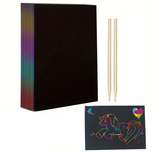 Kit 50 fogli neri per disegnare carta magica da grattare multicolor formato A4 due bastoncini in legno gioco artistico per bambini