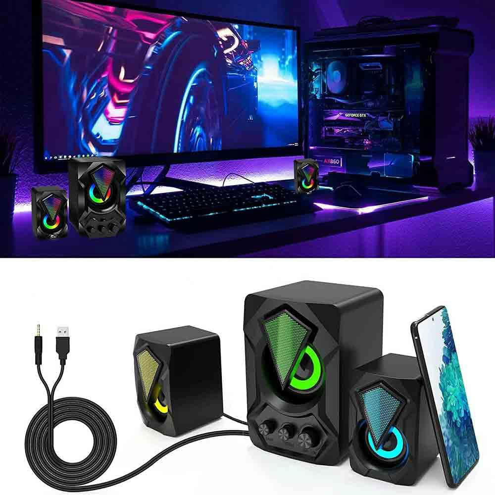 Casse altoparlanti audio speaker con luci rgb subwoofer 5 + 3 watt per pc notebook smartphone usb 2.0 aux jack 3.5 mm