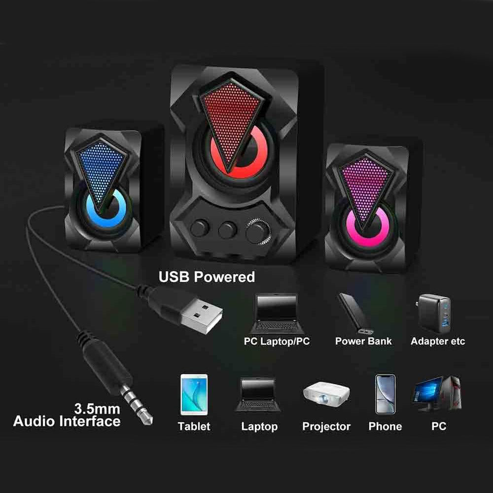 Casse altoparlanti audio speaker con luci rgb subwoofer 5 + 3 watt per pc notebook smartphone usb 2.0 aux jack 3.5 mm