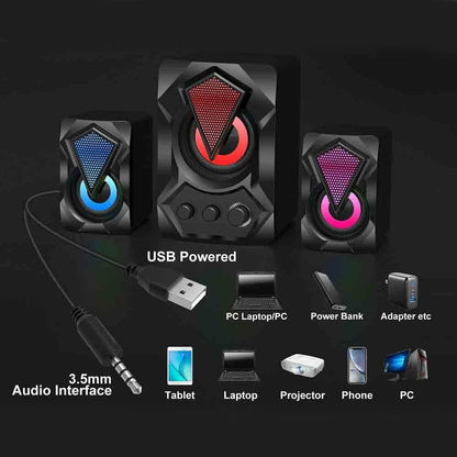 Casse altoparlanti audio speaker con luci rgb subwoofer 5 + 3 watt per pc notebook smartphone usb 2.0 aux jack 3.5 mm