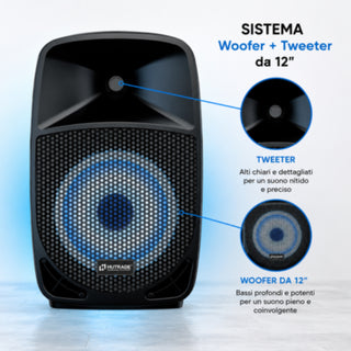Cassa Bluetooth 300W PMPO 100W RMS con Microfono USB SD 12"