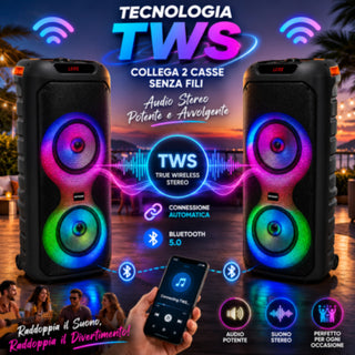 Cassa Bluetooth Karaoke 400W con 2 microfoni TWS USB TF radio FM