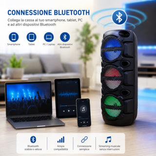 Cassa Bluetooth TWS Karaoke 340W RGB con microfono radio FM SD