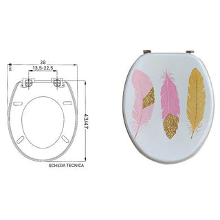 Copriwater MDF serigrafato stampa piume rosa oro cerniere in acciaio