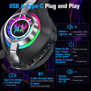 Cuffia gaming rgb 3 connessione Bluetooth wireless cablata microfono