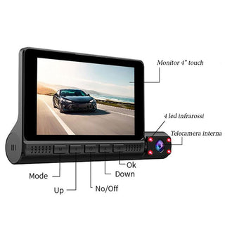 Dash cam con monitor 4” touch screen con 3 telecamere HD 1080P