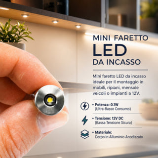 Mini faretti LED spot punto luce da incasso 0,1W 12V in alluminio