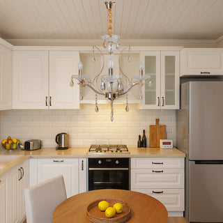 Lampadario 3 5 e 8 bracci bianco perlato e oro con pendenti E14