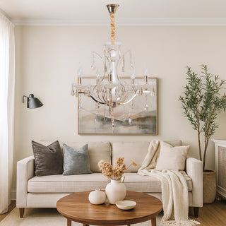 Lampadario 3 5 e 8 bracci bianco perlato e oro con pendenti E14