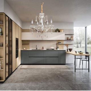 Lampadario 3 5 e 8 bracci bianco perlato e oro con pendenti E14