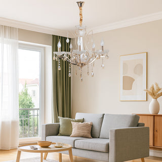 Lampadario 3 5 e 8 bracci bianco perlato e oro con pendenti E14