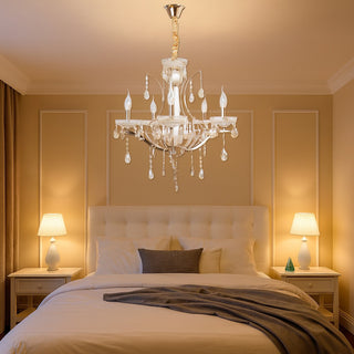 Lampadario 3 5 e 8 bracci bianco perlato e oro con pendenti E14