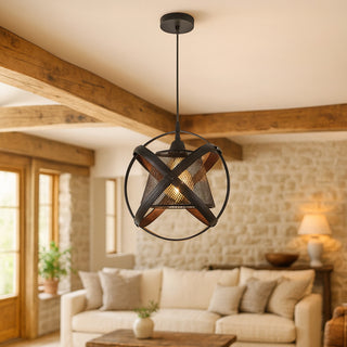 Lampadario sospensione nero con 3 anelli traforati E27 design moderno