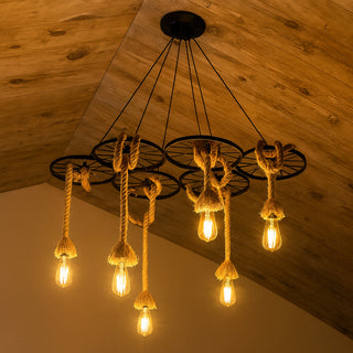Lampadario vintage corde in canapa con 6 portalampade rustico E27