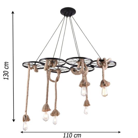 Lampadario a sospensione con corde in canapa vintage 6 portalampada lampada rustica retrò country E27