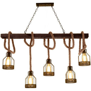 Lampadario in legno 5 portalampada in corda di canapa e metallo E27