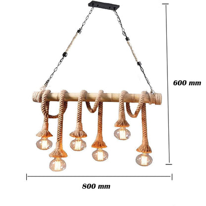 Lampadario a sospensione con corda in canapa vintage 6 portalampada E27 lampada country retro in legno di bamboo